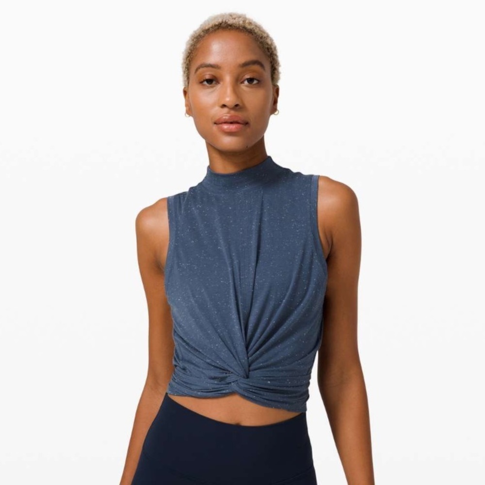Lululemon Time to Restore Mock Neck Tank Iron Blue / White